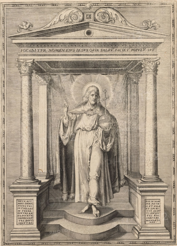 Christ as Salvator Mundi, print, album page, This print is part of an album., c. 1560 - c. 1573, printmaker, paper, engraving, height 260 mm x width 189 mm, 'Salvator Mundi', making a blessing gesture, an orb in his hand or at his feet, A monochrome engraved scene shows a robed standing figure with long hair and a halo, raising one hand in a gesture while holding an orb topped with a cross in the other; the figure stands barefoot on stepped architecture framed by paired fluted and ornamented columns supporting a pediment with decorative scrollwork above, and draped fabric behind the figure creating a backdrop; the composition is bordered by an inner frame and ornamental molding, with rectangular plaques inset on the lower blocks of the columns and finely crosshatched shading throughout the image.
