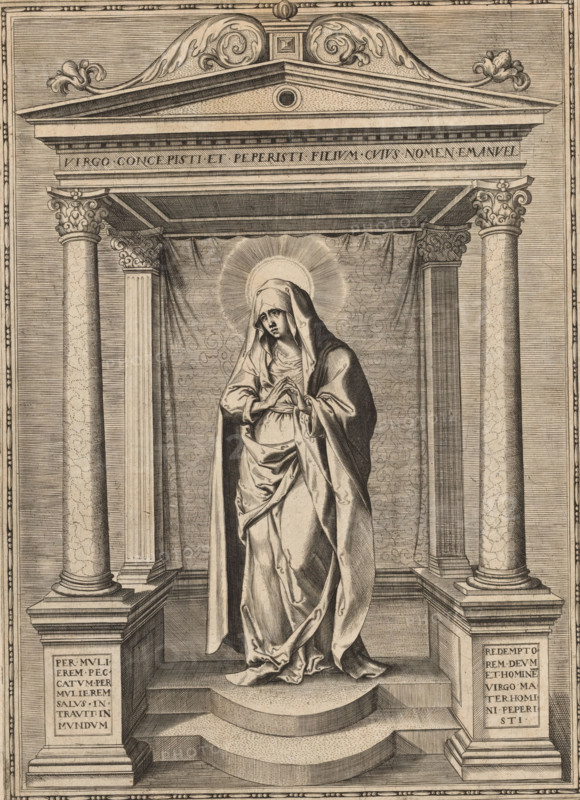 Maria, print, album page, Mary standing in a temple of four columns. This print is part of an album., c. 1560 - c. 1573, printmaker, paper, engraving, height 254 mm x width 185 mm, upright figures of Mary without the Christ-child, A monochrome engraved scene shows a robed female figure standing on a stepped platform within a small classical porch formed by fluted columns with ornate capitals and a decorated entablature and pediment above. The figure is draped in long flowing garments and a veil, with hands held together near the chest and a circular halo radiating lines behind the head. Behind her hangs a curtain with subtle patterning, and the architectural setting includes plinths, cornices, and decorative moldings with carved floral and scroll motifs. The overall image is detailed with fine line work and shading emphasizing folds in the fabric, column textures, and the three-dimensional structure of the steps and surrounding architecture.