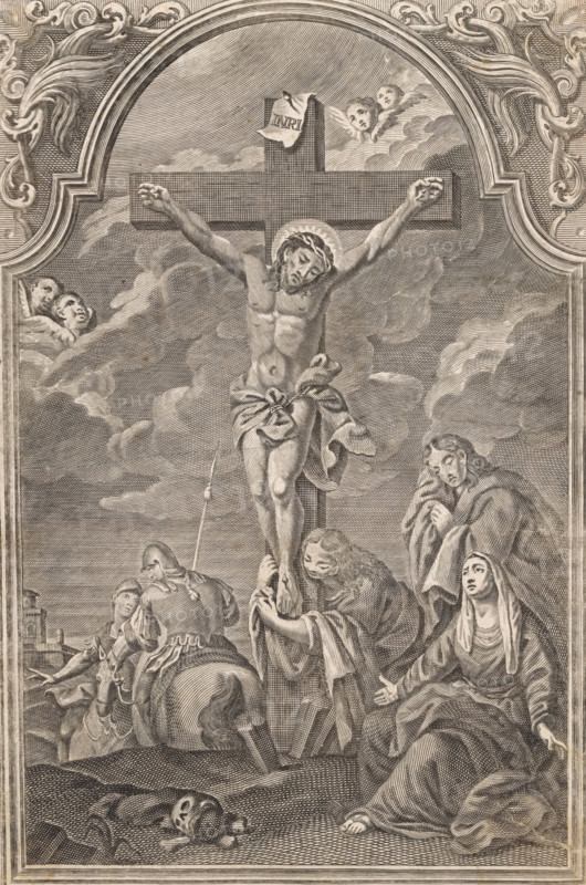 Crucifixion, print, album page, This print is part of an album., c. 1600 - c. 1699, printmaker, paper, engraving, pasted on album page, height 273 mm x width 184 mm, crucified Christ, with particular persons under the cross, A monochrome engraving shows a central figure suspended on a wooden cross with a cloth around the waist and a halo behind the head, arms outstretched and head bowed; a small sign is affixed above the cross. Surrounding the cross are clouds and cherubic faces peeking from the sky, ornate architectural frame elements at the top, and several figures at the base including a person kneeling and holding the central figure’s feet, a seated woman with an upturned face and draped garments, another standing sorrowful figure with a hand near the cheek, and armored soldiers with helmets and a horse. In the foreground on the ground lie a skull and other bones. The scene is composed of finely engraved lines and crosshatching that define form and shading.