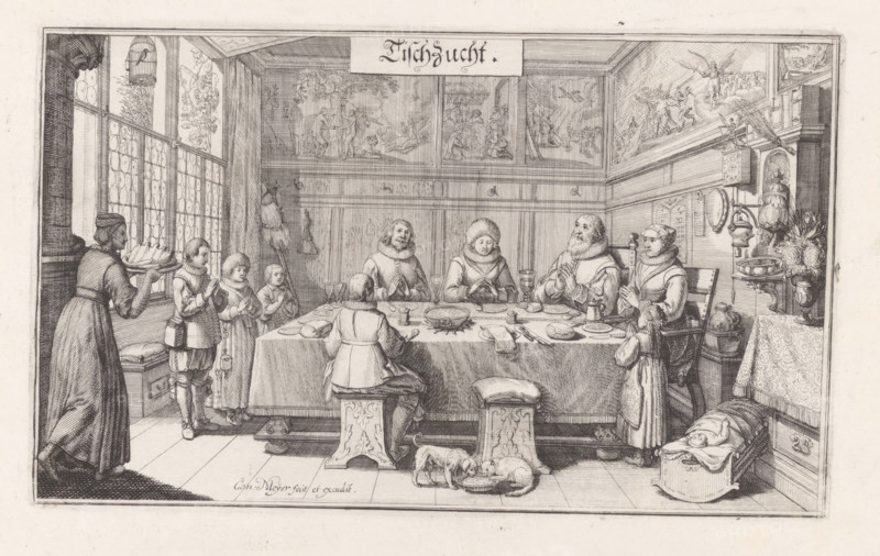 Tischzucht, Dietrich Meyer's family at the table, print, The family of Dietrich Meyer (the artist's father and teacher) in prayer at the table. Three children stand to the left of the table, on the right a child in a cradle. Stained-glass windows on the left, depictions of biblical scenes on the walls. On the right a clock and a bundle of branches (scourge)., printmaker: Conrad Meyer, Zurich (city), c. 1645, paper, etching, height 147 mm x width 242 mm, family life at home, dining-room, (family) meal, prayer at table, saying grace, parents with their children, picture within picture, clock, An interior scene shows a long rectangular room with wooden paneling and painted panels on the upper walls, a large window with leaded panes and a hanging birdcage on one side, and decorative objects and shelves on the opposite wall; a table covered with a cloth occupies the center with plates, bowls, utensils, a central serving dish, and cups placed on it, surrounded by seated and standing figures ...