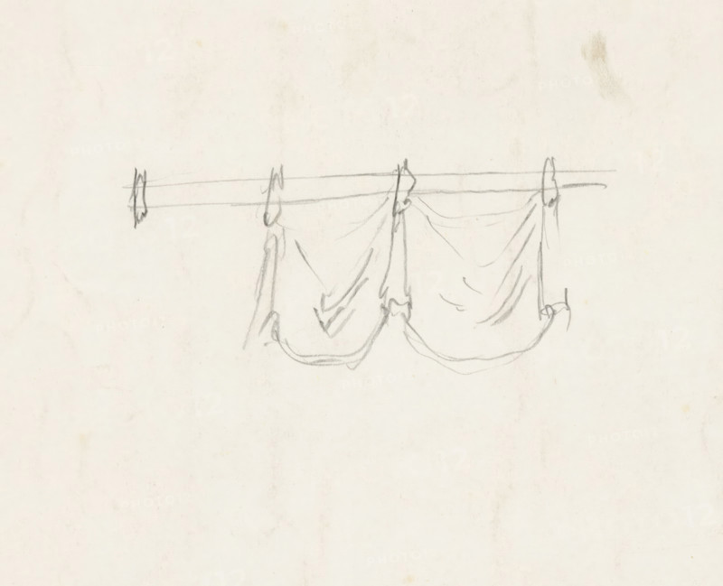 Detail of a curtain, drawing, draftsman (artist): anonymous, c. 1886 - c. 1899, draftsman (artist), paper, pencil, height 359 mm x width 273 mm, hangings and drapery, A pale, textured sheet with faint pencil sketches near the top shows a horizontal line across the page with several vertical posts intersecting it and loosely draped curved lines hanging between the posts, drawn in light, sketchy strokes on a mostly blank, slightly stained background.