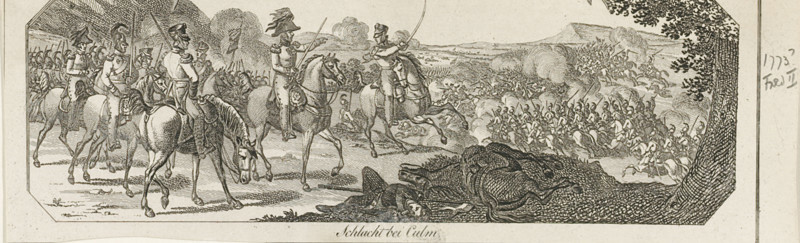 Battle of Kulm, 1813, Schlacht bei Culm, print, August 30, between the French and the Allies. Small representation, possibly originally part of a larger whole., 1813 - 1850, printmaker, paper, etching, height 64 mm x width 196 mm, battle (land forces), Sixth Coalition War, Period, 1813-08-30, A wide monochrome engraving shows a battlefield scene with mounted officers in uniform gathered on the left, their horses depicted in various poses and some riders holding sabers or reins. In the foreground right, a large tangled mass of fallen men and horses lies on the ground, rendered with dense crosshatching. Behind the mounted group, ranks of infantry and cavalry advance across rolling terrain, with smoke or cloud-like engraving marks rising above them. Trees frame the right edge and distant hills appear on the horizon, while the sky area is left mostly blank.