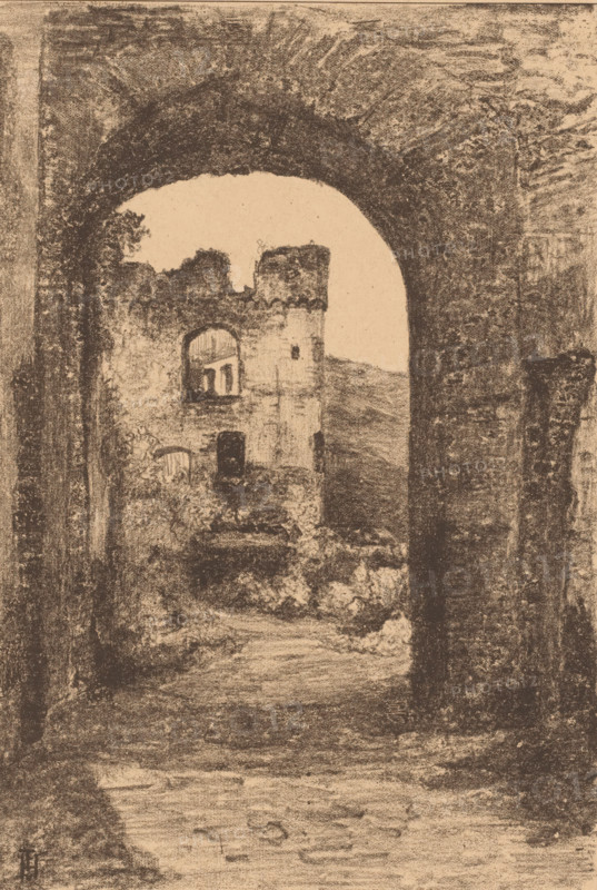Rheinfels, View through a gate of the ruins of Rheinfels Castle, print, printmaker: Cornelia Christina Johanna van Trigt-Hoevenaar (signed by artist), 1864 - 1909, paper, lithography, lithografie, height 480 mm x width 321 mm, ruin of a dwelling, house, castle, Rhineland-Palatinate, Rheinfels Castle, A monochrome drawing shows a rough stone archway framing a view of an old ruined structure beyond. The arch has textured, worn surfaces and casts shadow along its inner curve. Through the arch, remnants of a building with uneven walls and arched openings are visible, including a taller section with a window-like opening and another lower opening beside it. The ground inside and outside the arch appears irregular and strewn with rubble and vegetation. The sky beyond the ruins is a pale, even tone contrasting with the darker, heavily shaded stonework. The overall image has a grainy, sketch-like quality with varied pencil or charcoal strokes emphasizing texture.