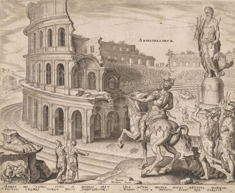 Amphitheatrum, Colosseum in Rome, The Eight Wonders of the World, print, The ruins of the Roman Colosseum. In the center of the Colosseum is a statue of Jupiter. Battles are in progress. In the foreground, Emperor Vespasian on horseback. He had commissioned the construction of the Colosseum. On the left in the foreground is a relief depicting Romulus and Remus being suckled by a wolf. Below the image is a verse in Latin. This print is part of an album., printmaker: Philips Galle, Antwerp, after drawing by Maarten van Heemskerck, 1572, biological material, parchment (animal material), paper, engraving, hand-colored engraving in multiple colors, pasted onto a parchment album page, a frame in blue, black, and gold around the print, height 210 mm x width 258 mm, amphitheater, Vespasian builds the Colosseum, other monuments which are sometimes included in the Wonders of the World (COLOSSEUM), Rome, Colosseum, A detailed engraving shows a large multi-tiered stone amphitheater with rows of ar...