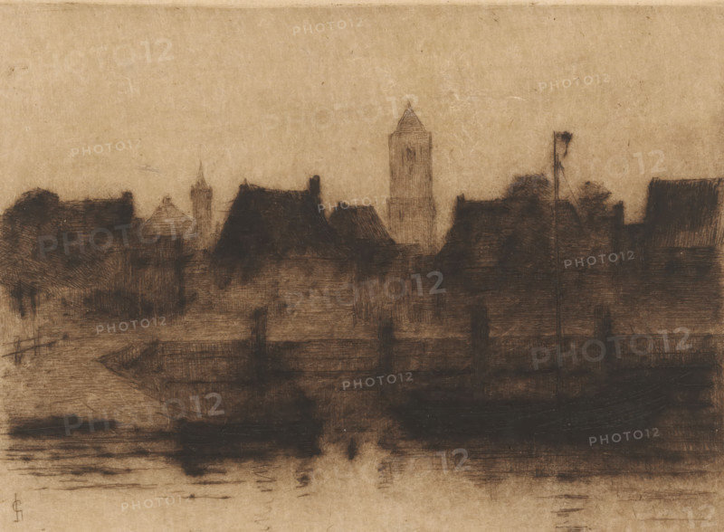Tholen at evening, Tholen (original title), Schetsen in Holland (original series title), print, In the foreground a quay. In the background the tower of the Grote or Onze-Lieve-Vrouwekerk., dedication: 'To Mr. C. Vosmaer', printmaker: Carel Nicolaas Storm van 's-Gravesande (signed by artist), Netherlands, c. 1884, Carel Nicolaas Storm van 's-Gravesande, paper, drypoint, intaglio printmaking technique, height 140 mm x width 190 mm, This is the tenth print from a series of twelve., city-view in general, 'veduta', parts of church exterior and annexes: tower, evening, Onze-Lieve-Vrouwekerk (Tholen), A sepia-toned scene rendered in soft, sketchy lines shows a silhouetted row of buildings and trees along a waterfront, with darker shaded roofs and a taller tower rising above the others; a flagpole stands near the right side, faint railing and dock structures appear along the water's edge, and blurred reflections and horizontal strokes mark the water surface in the foreground.