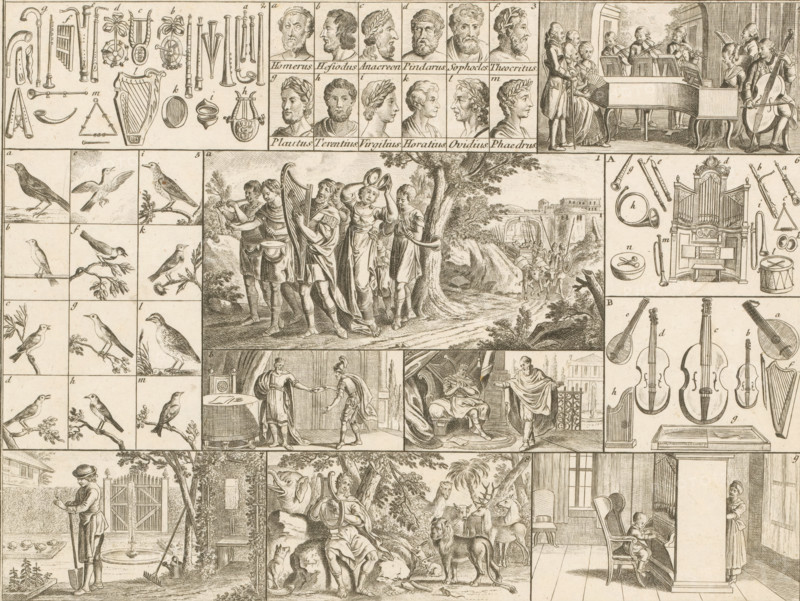 Sheet with various encyclopedic illustrations, Encyclopedic illustrations for youth, Bilder-Akademie für die Jugend, print, Various illustrations framed, with the Ark of the Covenant brought to Jerusalem at the center, surrounded by other images including birds, musical instruments, and portraits of classical writers. Numbered bottom center: 25., printmaker: Johann Rudolph Schellenberg, 1784, paper, engraving, etching, height 209 mm x width 275 mm, Part of a series of encyclopedic prints by various artists after a design by Daniel Nikolaus Chodowiecki for Johann Sigmund Stoy's 'Bilder-Akademie für die Jugend', published in Nuremberg in 1784. The prints were intended for children to cut out, paste onto cards, and then arrange in a logical manner (see Heesen, Anke te. The World in a Box: The Story of an Eighteenth-Century Picture Encyclopedia. Chicago: University of Chicago Press, 2002)., birds, group of musical instruments, the Ark of the Covenant is brought to Jerusalem (2 Samuel 6), A...