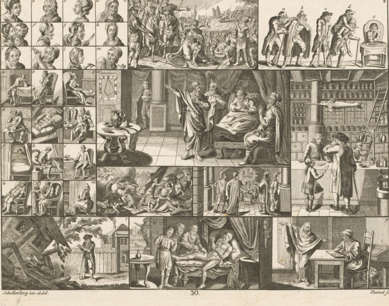 Sheet with diverse encyclopedic illustrations, Bilder-Akademie für die Jugend, Encyclopedic illustrations for youth, print, Various illustrations framed, with various scenes from the story of Hezekiah at the center, surrounded by other images including common diseases, a pharmacy, and Telephus. Numbered bottom center: 30., printmaker: Johann Georg Penzel, after design by Johann Rudolph Schellenberg, 1784, paper, engraving, etching, height 208 mm x width 275 mm, Part of a series of encyclopedic prints by various artists after a design by Daniel Nikolaus Chodowiecki for Johann Sigmund Stoy's 'Bilder-Akademie für die Jugend', published in Nuremberg in 1784. The prints were intended for children to cut out, paste onto cards, and then arrange in a logical manner (see Heesen, Anke te. The World in a Box: The Story of an Eighteenth-Century Picture Encyclopedia. Chicago: University of Chicago Press, 2002)., pharmacist, druggist, apothecary, pharmacy, drugstore, dispensing chemist, diseases, (s...