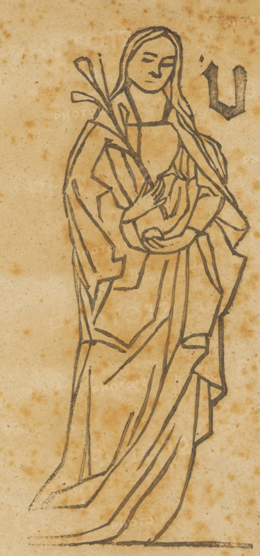 Unknown saint, Saints, print, album page, This print is part of an album., 1800 - 1899, printmaker, paper, woodcut, height 196 mm x width 168 mm, A tall, stylized figure drawn in dark lines on aged, speckled paper wearing a long flowing robe with angular folds and drapery, standing with one arm bent and the other cradling a rounded object, hair long and parted falling over the shoulders, facial features simplified with closed or downcast eyes and a small mouth, a leafy branch or sprig held near the shoulder, and a separate dark ornamental mark or shape to the right of the head.