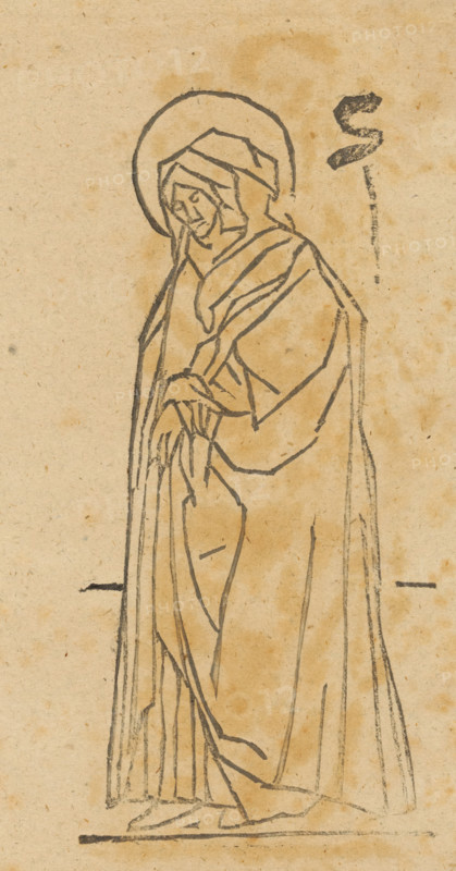 Unknown saint, Saints, print, album page, This print is part of an album., 1800 - 1899, printmaker, paper, woodcut, height 196 mm x width 168 mm, A monochrome line drawing on aged, textured paper shows a robed, standing figure with a circular halo around the head, the head slightly bowed and covered by a hood. The figure's hands are clasped near the midsection, and long, flowing garments with visible folds and layered drapery extend down to the feet. The sketch lines are dark and uneven, with some smudging and small ink blots on the background, and there is an isolated, thick brushstroke mark near the upper right of the image.