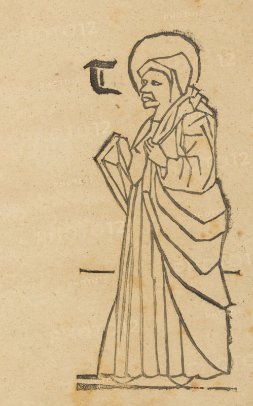 Unknown saint, Saints, print, album page, This print is part of an album., 1800 - 1899, printmaker, paper, woodcut, height 196 mm x width 168 mm, A monochrome ink drawing on aged paper shows a robed figure in profile facing left, wearing a rounded halo and a head covering, with facial features rendered in simple lines and a slightly open mouth; the figure holds a rectangular object with both hands and wears a long pleated robe with flowing outer drapery, standing on a thin horizontal base line, with a short thick brushstroke mark floating nearby.