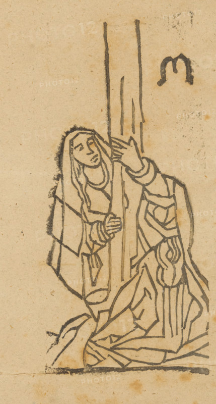 Unknown saint, Saints, print, album page, This print is part of an album., 1800 - 1899, printmaker, paper, woodcut, height 196 mm x width 168 mm, A monochrome ink drawing on aged paper showing two robed figures kneeling beside and reaching toward a tall vertical post or column; one figure has long hair and a downcast expression with hands touching the post, while the other figure, partly obscured, has a hand raised toward the post and draped patterned robes; angular folded garment lines and textured shading define the clothing and the ground beneath them.