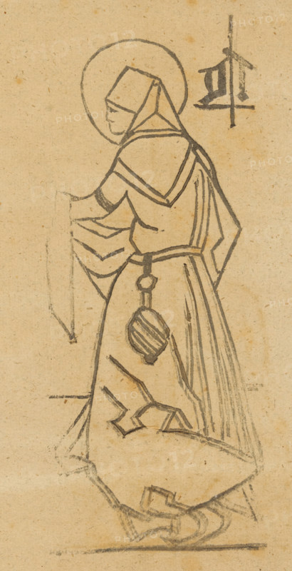 Unknown saint, Saints, print, album page, This print is part of an album., 1800 - 1899, printmaker, paper, woodcut, height 196 mm x width 168 mm, A hand-drawn sketch on aged paper shows a robed figure in profile facing left, wearing a hood and a circular halo around the head; the figure’s face is outlined and the head covering has angular folds. The garment features layered collars and detailed sleeves with diagonal folds, a belt at the waist from which a rounded, striped ornament hangs, and long vertical folds at the back of the robe. The lower robe flares and contains angular decorative shapes near the hem, and the figure’s feet are partially visible beneath the drapery. The drawing is executed in dark pencil or ink strokes with visible sketch lines and shading on a textured, yellowed paper background.