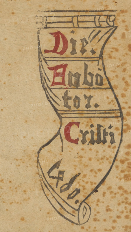 Title page for a series of saints, Die Anböter Cristi 1460, Saints, album, title page, Album with nine depictions of saints based on a book from 1460., 1800 - 1899, printmaker, paper, woodcut, height 196 mm x width 168 mm, Bound in is a loose sheet with handwritten information about the album., A vertically oriented aged parchment with brown spotting shows a hand-drawn curled ribbon or scroll rendered in dark ink, outlined with flowing contour lines and horizontal bands; decorative angular calligraphic marks appear inside the ribbon in darker and muted red ink; the scroll features a rolled end at the top and a tapered rolled end at the bottom, with shaded strokes suggesting folds and creases.