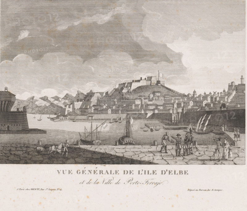 View of Portoferraio on Elba, Vue générale de l'Ile d'Elbe et de la Ville de Porto-Ferrajo, print, Bottom right: Déposé au Bureau des Estampes., publisher: Jean Baptiste Genty, Paris, 1820 - 1834, printmaker, paper, steel engraving, height 210 mm x width 289 mm, harbour, city-view, and landscape with man-made constructions, Tuscany, Livorno, Portoferraio, A wide engraved coastal scene showing a harbor with sailing boats and ships in the water, a stone quay in the foreground where groups of people stand and converse, and a man leading a horse and cart near stacked barrels. Behind the quay a dense town of tightly packed buildings with varied roofs rises up a hillside topped by fortifications and walls, with a flag flying from a prominent structure. On the far right a lighthouse stands near buildings on a promontory. Distant mountains form the backdrop beneath a sky filled with large textured clouds. The lower margin shows a strip of blank paper with decorative printed lettering.