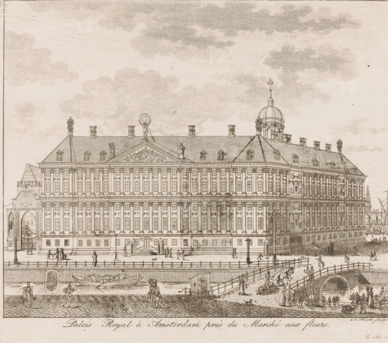 View of the Royal Palace in Amsterdam, Royal Palace in Amsterdam near the flower market, print, monogram: 'EMd', printmaker: Karel Christiaan Fuchs, 1802 - 1855, paper, etching, intaglio printmaking technique, height 168 mm x width 200 mm, palace, Amsterdam, Royal Palace of Amsterdam, A detailed architectural drawing of a large classical building with a multi-windowed facade, a pitched roof punctuated by dormer windows and decorative statues, and an ornate central pediment topped by a sculpted figure holding a globe; a domed tower rises above the right side with a small ornamental topper, and multiple chimneys and roof ornaments line the roof; in front of the building a raised embankment and balustrade run along the length with stairs and doorways leading up to the entrance, and small human figures walk or stand along the pavement; below the embankment a body of water shows boats and rowers, a stone bridge with an arch crosses the water, and people and horses move along the bridge and ...