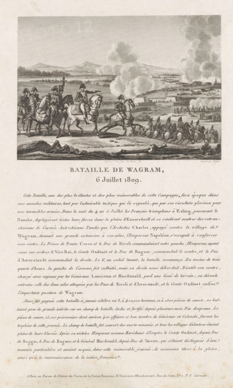 Battle of Wagram, 1809, Bataille de Wagram, 6 Juillet 1809, print, book illustration, The Battle of Wagram in Austria, 5-6 July 1809. Napoleon's last victory. Below the plate a long text in French., printmaker: François Louis Couché, France, printmaker: Pigeot, publisher: F. Ternisien d'Haudricourt, Paris, 1809 - 1820, François Louis Couché, Pigeot, F. Ternisien d'Haudricourt, printmaker, publisher, paper, etching, height 281 mm x width 210 mm, Illustration taken from an unknown edition of: F. Ternisien d'Haudricourt, Fastes de la nation française, Paris., Person, Napoleon I (Emperor of the French), battle (land forces), Lower Austria, Deutsch Wagram, Period, 1809-07-06, A detailed black and white engraving shows a battlefield scene with mounted officers in the foreground riding horses and gesturing, clouds of smoke rising over the distant fields, lines of infantry and cavalry formations across the plain, scattered cannons and equipment, and undulating terrain with low hills and distan...