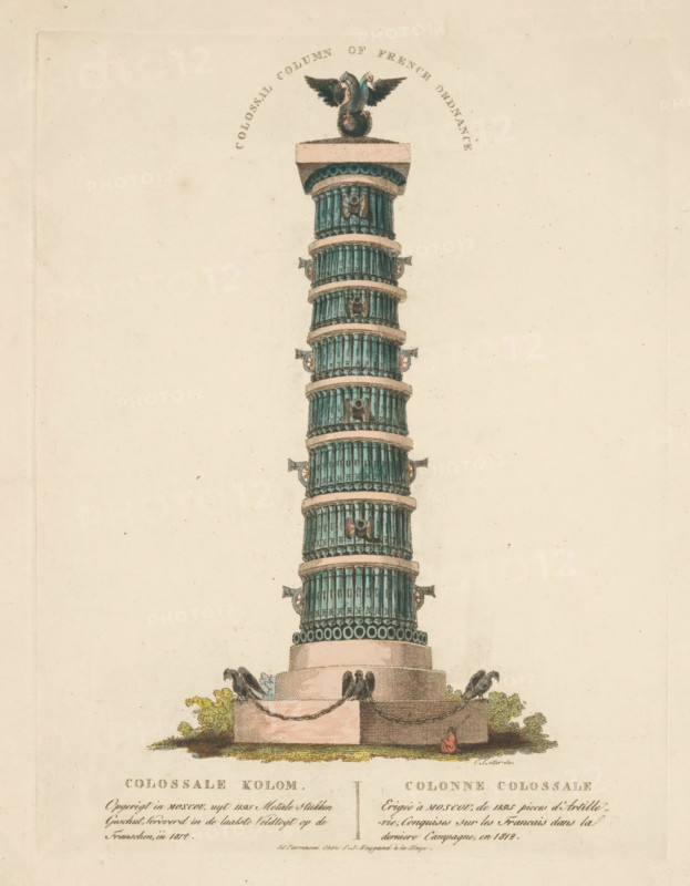 Colossal Column of French Ordnance, Colossal Column, Column in Moscow, 1812, print, Colossal column in Moscow, erected from 1, 195 cannons captured from the French in the Russian campaign of 1812. With caption in Dutch and French, in two columns., printmaker: Christian Anthony Lotter, Netherlands, publisher: François Joseph Weygand, The Hague, 1814-09, paper, etching, hand coloring, hand-colored, height 261 mm x width 201 mm, Person, Napoleon I (Emperor of the French), column, pillar, architecture (variant), Russian Campaign, Period, A tall segmented column with repeated cylindrical tiers colored teal and banded with light beige rings rises from a square pedestal, the base area showing small shrubs and a few black birds perched on the pedestal and chain draped between posts, a sculpted double-headed eagle perched atop a flat cap at the column summit, the scene rendered on aged cream paper with faint printed lines and decorative printed text visible near the top and bottom edges.