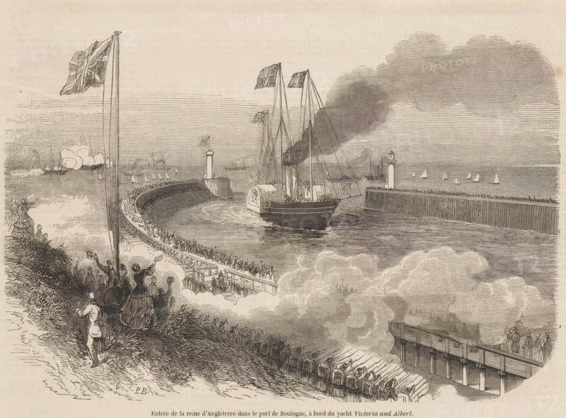 Entry of the Queen of England into the port of Boulogne, aboard the yacht Victoria and Albert, Queen Victoria arrives in the port of Boulogne, 1855, print, book illustration, The royal visit of British Queen Victoria to Napoleon III. Arrival of the royal yacht Victoria and Albert in the port of Boulogne, August 17, 1855., printmaker: P. Blanchard, paper, wood engraving, height 190 mm x width 247 mm, Illustration taken from the issue of 'L'Illustration, Journal Universel' of August 25, Person, Victoria (Queen of the United Kingdom and Empress of India), Napoleon III (Emperor of the French), public festivities at other royal events, not meant or mentioned above, Boulogne-sur-Mer, Period, A large sailing vessel with tall masts and flags is entering a curved stone harbor lined with crowds of people; smoke billows from an area near the ship and drifts across the sky. A tall flagpole with a waving flag stands in the foreground beside a grassy slope where groups of onlookers, including women ...