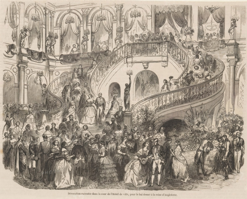 Decoration executed in the courtyard of the Town Hall for the ball given to the Queen of England, Town Hall at the ball arranged in honor of Queen Victoria, 1855, print, book illustration, The royal visit of British Queen Victoria to Napoleon III (August 17-28, 1855). Decorations in the Hôtel de Ville in Paris for the ball in honor of Queen Victoria, August 1855., printmaker: Jules Worms, paper, wood engraving, height 204 mm x width 249 mm, Illustration taken from the issue of 'L'Illustration, Journal Universel' of September 1, 1855., Person, Victoria (Queen of the United Kingdom and Empress of India), Napoleon III (Emperor of the French), ball, formal dance, public festivities at other royal events, not meant or mentioned above, Paris, City Hall (Paris), Period, 1855-08, A large crowded indoor scene showing many people dressed in historical formal attire mingling on a grand staircase and in a hall, with women in full dresses and men in tailored coats and cravats, some couples walking ...