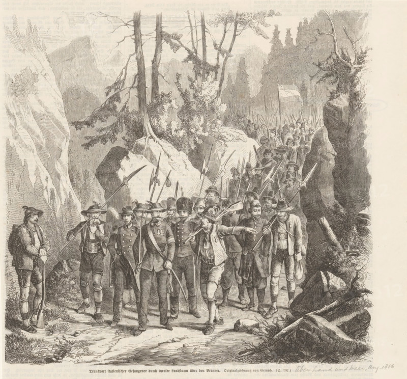 Transport of Italian prisoners of war, 1866, Transport italienischer Gefangener durch tyroler Landsturm über den Brenner, print, book illustration, Transport through the Austrian Landsturm of Italian prisoners of war through the Brenner Pass, 1866. Scene from the Prussian-Austrian War., Germany, 1866-08, printmaker, paper, wood engraving, height 240 mm x width 256 mm, Illustration taken from: Allgemeine Illustrierte Zeitung, August 1866., transfer, deportation, prisoner of war, Austro-Prussian War, Tyrol, Brenner Pass, Period, A detailed black and white engraved scene shows a procession of men walking along a rocky forested path between cliffs and tall trees; the men wear varied period clothing including hats, coats, and military-style uniforms, and many carry long spears or rifles while a few hold staffs or bags, with a small group of leaders at the front and a dense line of figures stretching back into the shaded trees, where a flag on a pole is visible; large boulders, exposed roots...