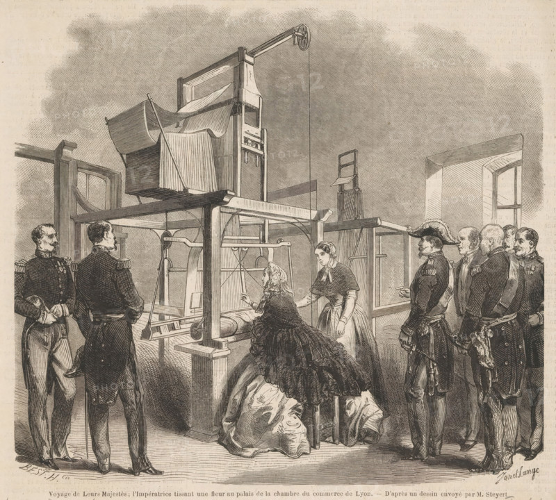 Voyage de Leurs Majestés: l'Impératrice tissant une fleur au palais de la chambre du commerce de Lyon, Empress Sisi behind the loom, 1860 (former title), Empress Eugénie behind a weighing loom, 1860, print, book illustration, Empress Eugénie of France behind the loom at a trade fair in Lyon, 1860. Emperor Napoleon III and his entourage look on., printmaker: Ange-Louis Janet, France, printer (person): Best Hotelin et Cie, after drawing by Steyert, 1860-09, Ange-Louis Janet, Best Hotelin et Cie, Steyert, printmaker, printer (person), after drawing by, paper, wood engraving, height 217 mm x width 237 mm, Illustration taken from: L'Illustration, Journal Universel, 8 September 1860., Person, Eugénie (Empress of the French), Napoleon III (Emperor of the French), weaving-loom, Lyon, Period, A detailed black and white engraving shows a large mechanical loom or weaving apparatus occupying the center, with wooden beams, pulleys, a raised platform, and a suspended rope; several women are seated a...