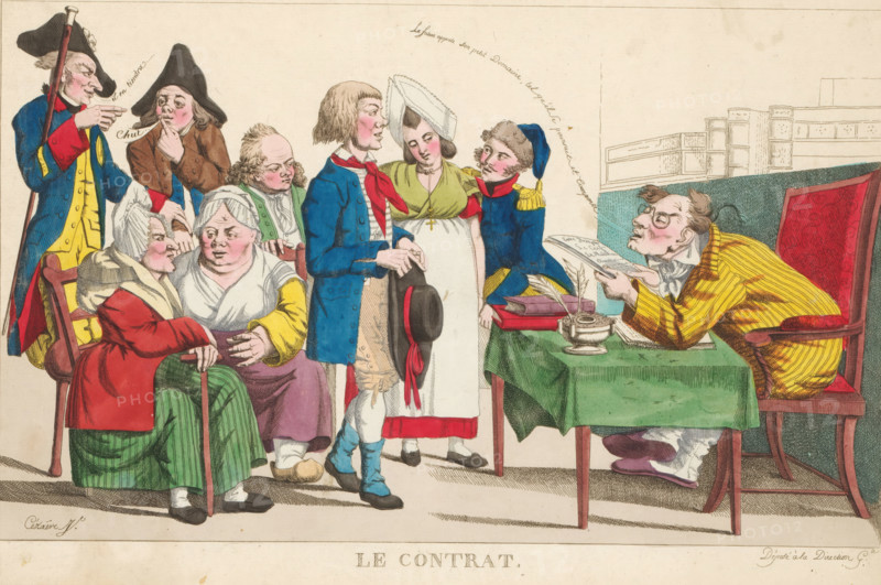 Village caricature No. 2, The contract, cartoon, print, Caricature of a group of villagers gathered before a notary reading a text to a standing young man., printmaker: Cézaire, France, publisher: Basset, Paris, c. 1750 - c. 1820, paper, etching, hand coloring, hand-colored, height 216 mm x width 323 mm, notary, fool, simpleton, numskull, civil law, villagers, villeins (Dutch: 'dorpers'), A crowded indoor scene shows a group of people gathered around a table where a man with spectacles leans forward reading a sheet of paper while seated in a red upholstered chair, wearing a yellow striped coat and resting an elbow on a green cloth on the table that also holds books, a quill and an inkwell; a young man in a blue coat and red neckerchief stands before him holding a black hat with a red ribbon, flanked by a woman in a white apron and green bodice wearing a folded white headpiece and a uniformed man in blue with a fur cap and yellow epaulettes who looks toward the couple; an elderly woman ...