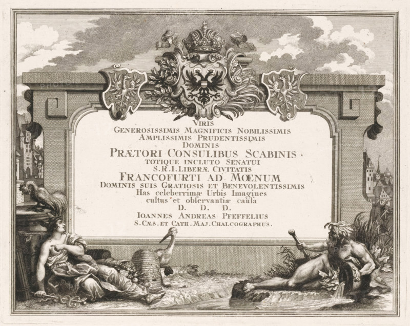 Dedication with Mercury and a river god, Viris generosissimis magnificus nobilissimis amplissimis, print, Left Mercury, right a river god., publisher: Johann Andreas Pfeffel (der Ältere), Augsburg, dedicated to: Magistrate of Frankfurt am Main, 1738, Bavaria, paper, engraving, etching, height 272 mm x width 342 mm, Print used in: Francofurtum ad Moenum Floridum, 1738., river-gods, (story of) Mercury (Hermes), coat of arms (as symbol of the state, etc.) (city, municipal), Hesse, Frankfurt am Main, A decorative engraved scene framed by an ornate architectural border shows a central cartouche topped with a crowned double-headed eagle emblem flanked by two smaller heraldic shields; in the lower foreground two reclining classical figures face each other across a small pool, one draped in flowing cloth holding a staff with a chained object at her feet and a rooster perched nearby, the other partially nude with muscular form holding a rod while water flows from a vessel beside him; architectu...