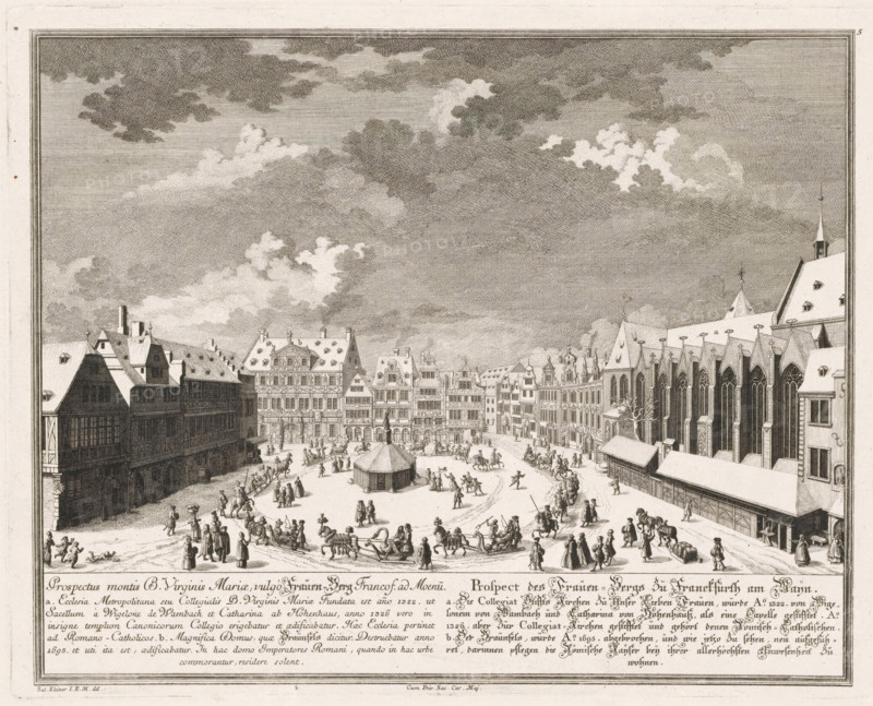 Prospectus montis B. Virginis Mariae, vulgo Fraüen-Berg, Prospect des Fraüen-Bergs zu Franckfurth, View of the Liebfrauenberg, in Frankfurt am Main, print, book illustration, in Frankfurt am Main. A number of horse-drawn sleighs ride around the square. Numbered top right: 5., printmaker: Georg Daniel Heumann (possibly), after drawing by Salomon Kleiner, publisher: Johann Andreas Pfeffel (der Ältere), Augsburg, grantor of privilege: Charles VI (Holy Roman Emperor), 1738, provider of privilege, Bavaria, paper, engraving, etching, height 271 mm x width 341 mm, Print used in: Francofurtum ad Moenum Floridum, 1738., market, horse-sleigh, Hessen, Frankfurt am Main, A wide engraved city square seen from above with rows of tall buildings on both sides and a large church with pointed windows on the right, a central circular pavilion in the middle of the open space, many small groups of people walking and standing, several horse-drawn sleighs and riders moving through the square, children playin...