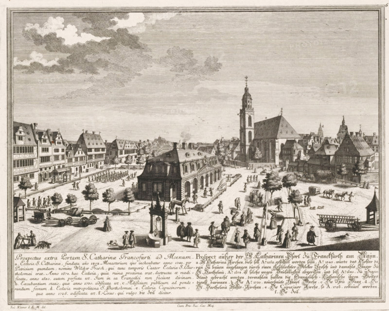 Prospectus extra Portam S. Catharinae Francofurti ad Moenum, Prospect aüsser der St. Catharinen-Pfort dü Franckfürth am Maïn, View from the St. Catherine's Gate, in Frankfurt am Main, print, book illustration, in Frankfurt am Main. St. Catherine's Church can be seen on the right. Numbered top right: 6., printmaker: Georg Daniel Heumann (possibly), after drawing by Salomon Kleiner, publisher: Johann Andreas Pfeffel (der Ältere), Augsburg, grantor of privilege: Charles VI (Holy Roman Emperor), 1738, provider of privilege, Bavaria, paper, engraving, etching, height 271 mm x width 343 mm, Print used in: Francofurtum ad Moenum Floridum, 1738., church (exterior), city-view in general, 'veduta' - II - ideal city, Hesse, Frankfurt am Main, St. Catherine's Church (Frankfurt), A wide engraved city scene shows a central open square bordered by rows of multi-story timber and stone buildings with steep roofs, dormer windows, and decorative facades. A large church with a tall bell tower and a pitche...