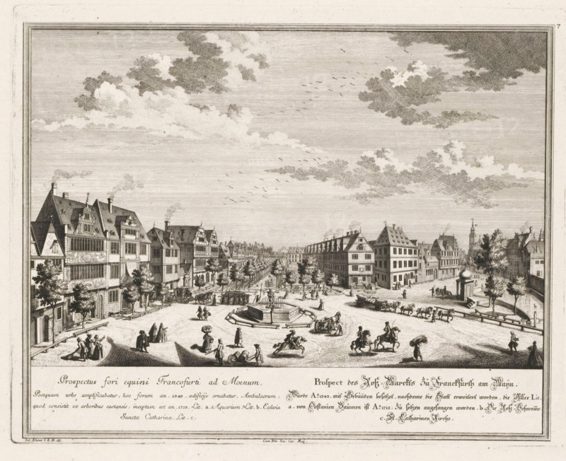 Prospectus fori equini Francofurti ad Moenum, Prospect des Hofs-Marckts zü Frankfurth am Maïn, View of the horse market or main market, in Frankfurt am Main, print, book illustration, in Frankfurt am Main. Numbered top right: 7., printmaker: Georg Daniel Heumann (possibly), after drawing by Salomon Kleiner, publisher: Johann Andreas Pfeffel (der Ältere), Augsburg, grantor of privilege: Charles VI (Holy Roman Emperor), 1738, provider of privilege, Bavaria, paper, engraving, etching, height 271 mm x width 342 mm, Print used in: Francofurtum ad Moenum Floridum, 1738., square, circus, city-view in general, 'veduta' - II - ideal city, Hessen, Frankfurt am Main, A wide sepia-toned engraving shows a town square framed by rows of multi-story buildings with steeply pitched roofs and decorative facades. In the center of the square is a large fountain with a raised octagonal basin and a central sculptural element, surrounded by benches. People in period dress populate the square, walking, convers...