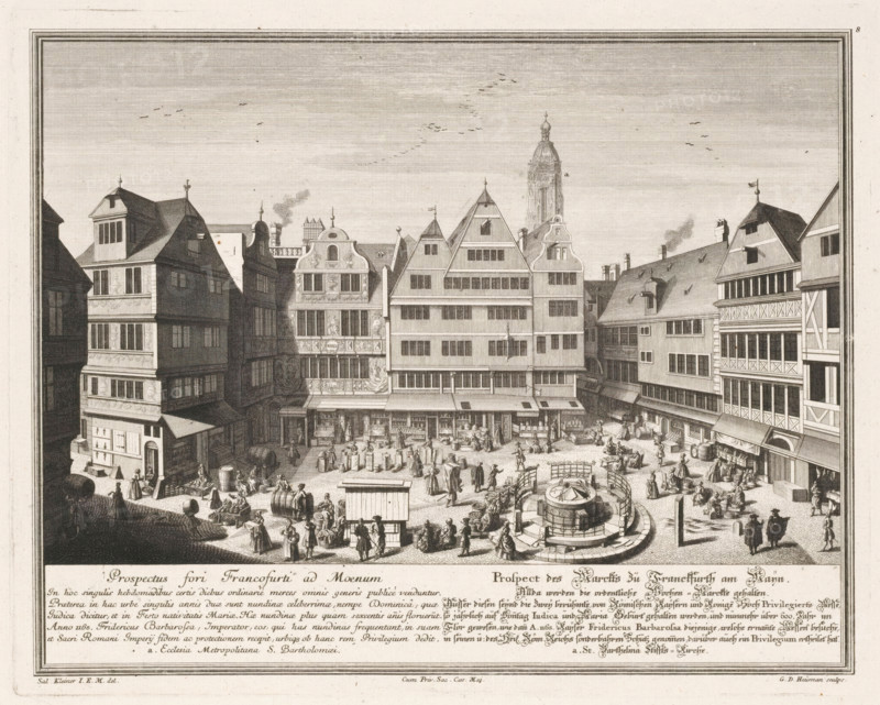 Prospectus fori equini Francofurti ad Moenum, Prospect des Marckts zü Frankfurth am Maïn, View of a market in Frankfurt am Main, print, book illustration, View of a market in Frankfurt am Main. Numbered top right: 8., printmaker: Georg Daniel Heumann, after drawing by Salomon Kleiner, publisher: Johann Andreas Pfeffel (der Ältere), Augsburg, grantor of privilege: Charles VI (Holy Roman Emperor), 1738, Bavaria, paper, etching, height 273 mm x width 343 mm, Print used in: Francofurtum ad Moenum Floridum, 1738., market, city-view in general, 'veduta' - II - ideal city, Hessen, Frankfurt am Main, A detailed black and white engraving shows a bustling town square surrounded by multi-story timber and stone buildings with steep gabled roofs and ornate facades, a central circular fountain with a decorative basin and railings, numerous people engaged in market activities around stalls and barrels, carts and goods scattered on the cobbled ground, small groups conversing or walking, architectural ...