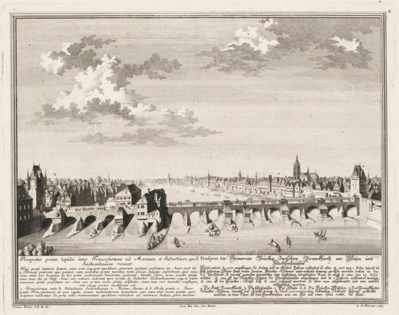 View of the Old Bridge, in Frankfurt am Main, Prospectus pontis lapidei inter Francofurtum ad Moenum, Prospect der Steinernen Brücken zwischen Franckfurth am Maïn, print, book illustration, in Frankfurt am Main. Numbered top right: 2., printmaker: Georg Daniel Heumann, after drawing by Salomon Kleiner, publisher: Johann Andreas Pfeffel (der Ältere), Augsburg, grantor of privilege: Charles VI (Holy Roman Emperor), 1738, Bavaria, paper, etching, engraving, height 272 mm x width 342 mm, Print used in: Francofurtum ad Moenum Floridum, 1738., bridge, city-view in general, 'veduta' - II - ideal city, Hesse, Frankfurt am Main, Alte Brücke (Frankfurt am Main), A wide engraved view shows a stone bridge with multiple arches crossing a river, with triangular cutwaters and small buildings perched on some piers; along the riverbanks a dense row of tightly packed houses and taller buildings with pitched roofs and spires extends into the distance, including a prominent tall church tower and other ste...