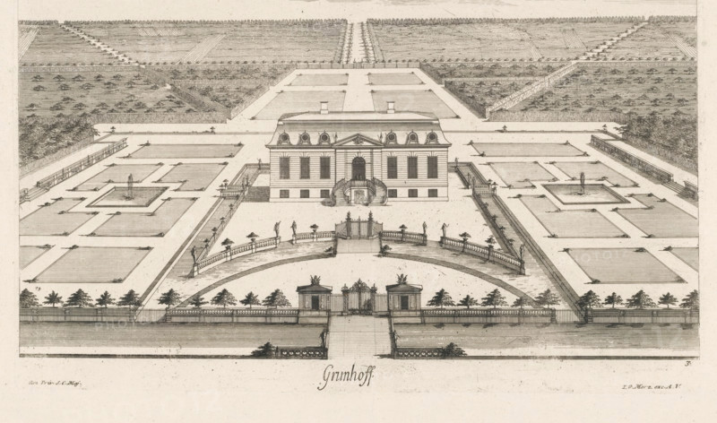 Grunhof, View of a country house, print, book illustration, possibly the former Schloss Grünhoff near Kaliningrad. Numbered lower right: 3., printmaker: Jean-Baptiste Broebes (possibly), publisher: Johann Georg Merz, Augsburg, 1733, unknown, grantor of privilege, Bavaria, paper, etching, height 299 mm x width 464 mm, Print used in: Broesbes, 1733., palace, Berlin, Schloss Glienicke, A detailed monochrome illustration of a symmetrical formal garden with a central rectangular building that has a mansard roof and rounded windows set above a raised entrance with a curved double staircase. The foreground shows a gated entrance flanked by small pavilions and a curved balustrade leading up to the building, with pathways and rows of small trees on either side. The main garden is laid out in geometric beds and parterres bounded by low walls and walkways, with rectangular pools and fountains visible within some beds. Stone balustrades, statues on pedestals, and scattered human figures appear alo...