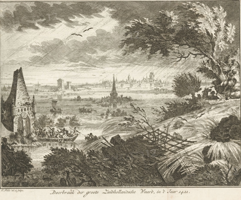Breakthrough of the Hollandsche Waard, or the Sint Elisabeth flood, 1421, Breakthrough of the large Zuidhollandsche Waard, in the Year 1421, print, book illustration, Top right: III. Share, p. 454., printmaker: Simon Fokke, Northern Netherlands, after design by, publisher: Isaak Tirion, Amsterdam, 1750, paper, etching, height 179 mm x width 214 mm, An intricately detailed monochrome etching shows a wide watery landscape with small boats on a calm surface, a distant skyline of clustered buildings and steeples across the horizon, and scattered towers rising from the water. In the foreground, a partially ruined stone structure with arched windows sits near the shoreline beside a crowded small boat with people inside. Grasses, reeds, and low shrubs frame the water’s edge, while a leaning tree with windswept branches and clustered foliage occupies the right side. A group of figures stands near the tree among vegetation, and another small boat with occupants is visible closer to the viewer. ...