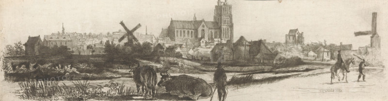 Landscape with a view of Dordrecht, print, printmaker: Claude Henri Watelet, France, 1758, paper, etching, height 85 mm x width 318 mm, church (exterior), cow, city-view, and landscape with man-made constructions (city(-scape) with figures, staffage), Dordrecht, Grote or Onze-Lieve-Vrouwekerk, A wide landscape etching showing a distant town with clustered buildings and a large church with a tall tower, windmills rising among the rooftops, and smaller houses and trees along the skyline; in the foreground a marshy field with grasses and reeds, two cattle near the water with one standing and one lying down, a solitary figure standing with a staff facing the town, and to the right a mounted rider accompanied by a walking figure; the scene is rendered in fine hatched lines and tonal shading on a pale background.