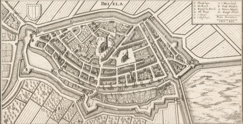 Map of Brielle, Briela, area plan, print, Top left the city coat of arms, top right a legend with the numbers 1-10., Netherlands, c. 1670 - c. 1730, printmaker, paper, etching, height 130 mm x width 250 mm, maps of cities, Brielle, A detailed bird’s-eye engraving of a walled town with angular bastions and layered defensive earthworks surrounding densely packed rows of buildings and narrow streets; a large church with a tall steeple stands near the center amid open squares and tree-filled gardens; canals and moats encircle the inner town with boats docked along quays; outside the fortifications are patterned agricultural fields and orchards divided by straight roads and hedges; a legend box appears in the corner with a list and a small scale; the whole image rendered in fine line work and hatching.