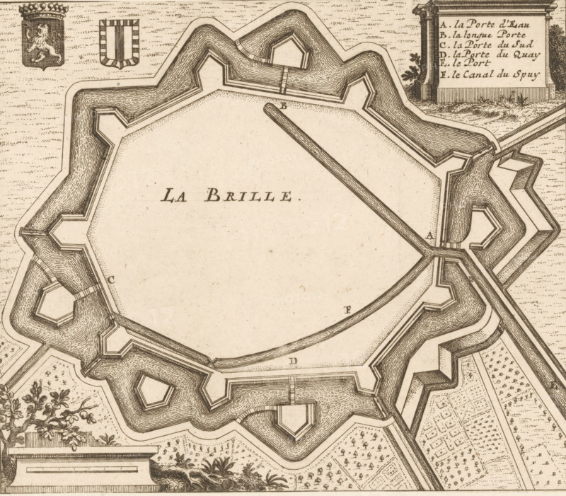 La Brille, Fortification plan of Brielle, area plan, print, Plan of the fortifications of Brielle, with the city coat of arms on the left and a French legend with AF. on the right, Netherlands, c. 1670 - c. 1730, printmaker, paper, etching, height 151 mm x width 175 mm, maps of cities, fortified city, Brielle, A detailed bird's-eye view of a fortified star-shaped structure surrounded by layered moats and angular bastions, rendered in fine sepia lines and dot shading, with inner open space and a long straight pier extending toward the center, ornate decorative cartouches and small heraldic shields near the top, patterned garden plots and clipped vegetation outside the fortifications, and various walkways and ramps connecting the bastions.