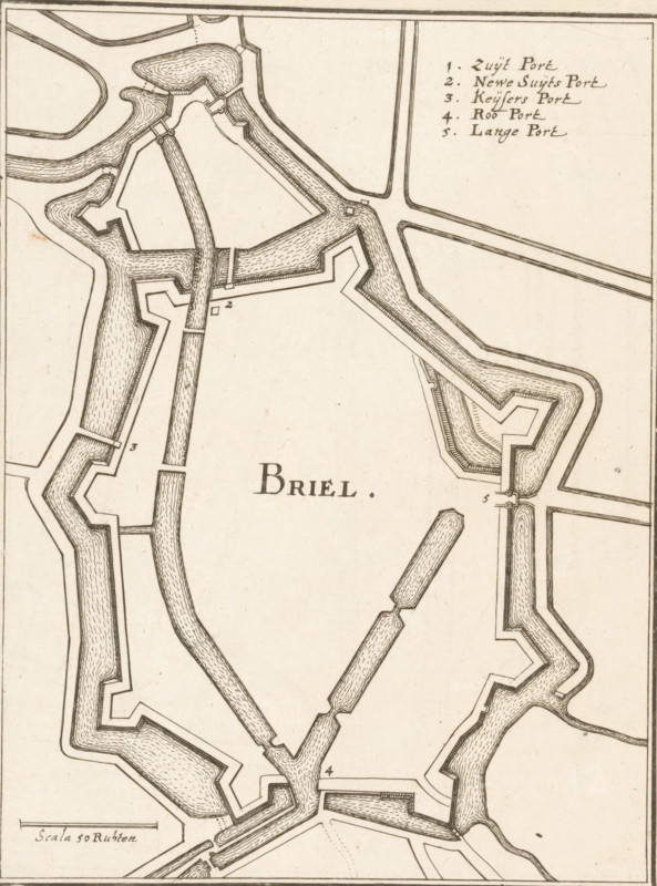 Briel, Fortification map of Brielle, area plan, print, book illustration, Map of the fortifications of Brielle, top right a legend 1-5. Bottom left a scale bar: Scala 50 Ruhten., printmaker: Caspar Merian, Frankfurt am Main, after design by Johann Merck, 1654, Hessen, paper, etching, height 176 mm x width 134 mm, A portion of a detailed black and white map showing angular fortifications and water-filled moats with textured hatch marks, thick boundary lines and stepped bastions surrounding an open central area, segmented straight and curved waterways connecting the defensive structures, narrow bridge-like connectors across channels, and finely drawn parallel lines indicating banks and pathways; the drawing has aged paper tones and several small decorative pen flourishes around junctions and corners.