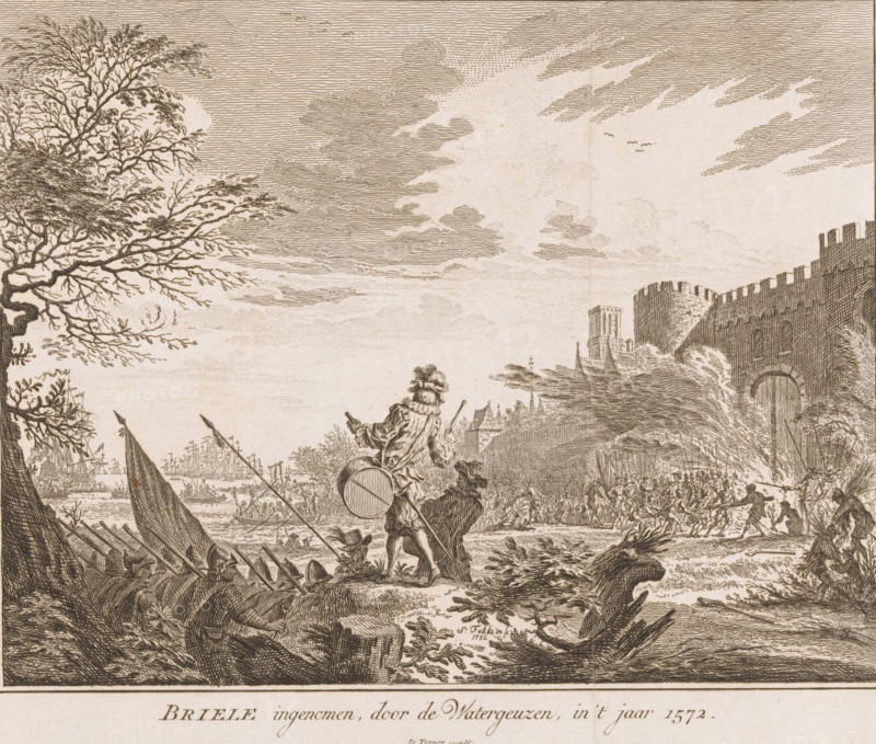 Capture of Brielle, 1572, Brielle captured, by the Sea Beggars, in the year 1572, print, book illustration, The Sea Beggars of Lumey set fire to and ram the city gate of Brielle, April 1, 1572. In the foreground two drummers and a company of soldiers. In the background ships in the water., printmaker: Simon Fokke, Northern Netherlands, publisher: Isaak Tirion, Amsterdam, 1752, paper, etching, engraving, height 194 mm x width 226 mm, A detailed monochrome etching shows a waterfront scene with a large tree on the left, its branches extending across the sky, and a fortified stone wall and gate with battlements on the right; several small boats with raised sails and oars occupy the water in the midground, while a standing figure in period clothing near the center holds a drum and a long pole and looks toward the water; groups of figures and soldiers cluster near the shoreline by the fort, and clouds are engraved across the sky with a few small birds visible; foreground vegetation, wooden s...