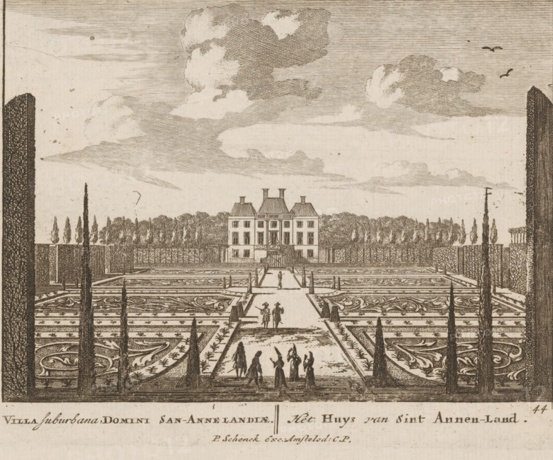 View of a country house in Sint-Annaland, Villa Suburbana Domini San-Annelandiae, Het Huys van Sint Annen-Land, print, Series number, 44, 71, printmaker: Jan van Call (I), Amsterdam, publisher: Pieter Schenk (I), grantor of privilege: States of Holland and West Friesland, c. 1700, paper, etching, height 129 mm x width 168 mm, Other state also used in: Call, 1700.* * The title print, dedication, and the portrait of Frederik van Saxony were engraved by Pieter Schenk (I). The other prints in this series are, as indicated on the title print, by Jan van Call (I)., rural housing, eg country-house, villa, cottage, French or architectonic garden, formal garden, The Hague, A symmetrical formal garden with geometric planted beds and patterned parterres leads up to a three-story house with a central door and a pitched roof with chimneys; tall clipped trees and hedges border the garden and frame the view, and a few small human figures in period dress stand and walk along the central path; clouds f...