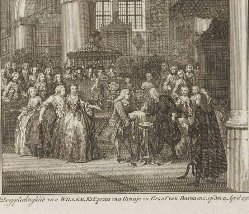 Baptism ceremony of William, Hereditary Prince of Orange and Count of Buren etc. on April 11, 1748, Baptism of Prince William V, print, Baptism ceremony of Prince William V in the Grote Kerk in The Hague, April 11, 1748. William IV holds the child during the baptism; on the left, the princess looks on with ladies-in-waiting., printmaker: attributed to Gerard Sibelius, Northern Netherlands, after print by Simon Fokke, 1750 - 1752, after print by, Attributed to, paper, etching, engraving, etching and engraving, height 148 mm x width 175 mm, Person, William V (Prince of Orange-Nassau), William IV (Prince of Orange-Nassau), Anna of Hanover, Baptism, Protestant service, The Hague, Grote Kerk (The Hague), Period, 1748-04-11, A detailed monochrome engraving of an interior ceremony scene shows a large room with high windows, decorative panels, and tall columns; a group of formally dressed men and women in period clothing gather around a central area where a kneeling figure faces a standing off...