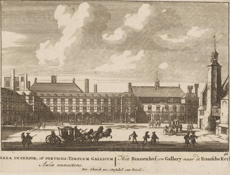 View of the Binnenhof in The Hague, Area interior, et porticus, templum Gallicum Aula annectens, The Binnenhof, and Gallery towards the French Church, Fourfold spectacle of wonders, Admirandorum Quadruplex Spectaculum, print, Series number, 48, 71, printmaker: Jan van Call (I), Amsterdam, publisher: Pieter Schenk (I), grantor of privilege: States of Holland and West Friesland, c. 1700, paper, etching, height 129 mm x width 170 mm, Other state also used in: Call, 1700. The title page, dedication, and portrait of Frederik van Saxony were engraved by Pieter Schenk (I). The other prints in this series are, as indicated on the title page, by Jan van Call (I)., city-view, and landscape with man-made constructions, civic architecture, edifices, dwellings, The Hague, Binnenhof, A wide etching shows a large rectangular courtyard fronted by a multi-story building with rows of arched openings at ground level and regularly spaced windows above, flanked by taller towers and rooflines; a tall slende...
