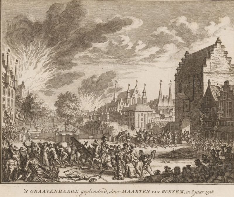 The Hague plundered, by Maarten van Rossem, in the year 1528, The Hague plundered under the leadership of Maarten van Rossum, 1528, print, book illustration, Troops of the Gelderland general Maarten van Rossum plunder and burn The Hague., printmaker: Simon Fokke, Amsterdam, 1722 - 1784, paper, etching, height 163 mm x width 194 mm, Print appeared in: Wagenaar, Jan. Vaderlandsche historie, 21 vols. Amsterdam: sn. 1750-1783., Person, Maarten van Rossum, plundering, soldiers, The Hague, Period, A detailed sepia-toned engraving shows a busy riverside town scene with a wide sky filled with layered clouds and plumes of smoke rising from the background, rows of multi-story buildings with steep gabled roofs and towers lining the water, a large stepped-gable structure on the right, and various smaller peaked and turreted rooftops across the middle distance. In the foreground there is a crowded riverbank with many figures engaged in activity: mounted soldiers on horseback, men carrying or haulin...