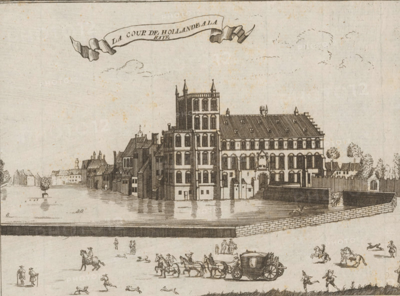 La cour de Hollande a la Haye, View of the Buitenhof with the Hofvijver in The Hague, print, printmaker: Jacobus Harrewijn, 1700 - 1740, paper, etching, height 158 mm x width 200 mm, Later published in: Histoire Generale des Pais bas Contenant la Description des XVII Provinces. Brussels: Francois Foppens, 1720., city-view, and landscape with man-made constructions, The Hague, Buitenhof, Hofvijver, A wide engraving shows a riverside scene with a large multi-story building featuring tall narrow windows, decorative roof elements, and multiple towers or pinnacles, sitting directly at the water's edge with reflections in the water. Smaller adjoining buildings with pitched roofs and chimneys line the waterfront to the left, and a stone wall extends from the right side of the main building into the water. Trees and smaller houses appear behind the wall on the right. On the river a small boat with a canopy and a solitary potted tree on a platform are visible. In the foreground an open plain or...