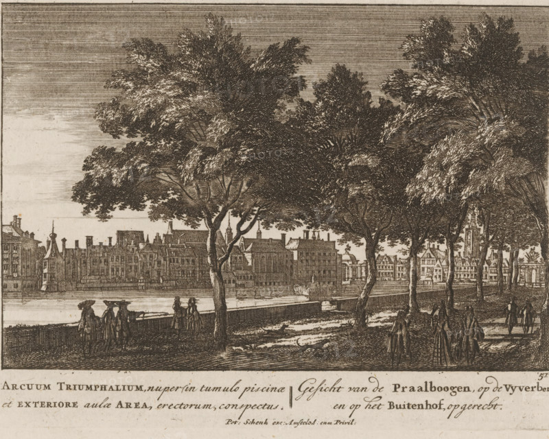 View of the Vijverberg and the Hofvijver, Arcuum Triumphalum, nuper in tumulo piscinae et exteriore aula Area, erectorum, conspectus, View of the Triumphal Arches, on the Vyverberg and on the Buitenhof, erected, Quadruple spectacle of wonders, Admirandorum Quadruplex Spectaculum, print, Series number, 51, 71, printmaker: Jan van Call (I), Amsterdam, publisher: Pieter Schenk (I), grantor of privilege: States of Holland and West Friesland, c. 1700, paper, etching, height 131 mm x width 170 mm, Other state also used in: Call, 1700. The title page, dedication, and portrait of Frederick of Saxony were engraved by Pieter Schenk (I). The other prints in this series are, as indicated on the title page, by Jan van Call (I)., city-view, and landscape with man-made constructions, civic architecture, edifices, dwellings, The Hague, Vijverberg, Buitenhof, Hofvijver, A wide sepia-toned engraving showing a riverbank lined with tall, leafy trees in the foreground and a long row of detailed buildings a...