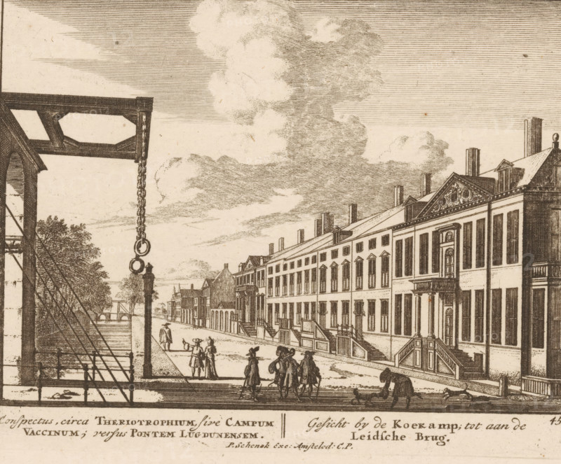 View from the Koekamp to the Leidsebrug, conspectus, circa Theriotrophium sive Campum Vaccinum, versus Pontem Lugdunensem, Quadruple spectacle of wonders, Admirandorum Quadruplex Spectaculum, print, Series number, 45, 71, printmaker: Jan van Call (I), Amsterdam, publisher: Pieter Schenk (I), grantor of privilege: States of Holland and West Friesland, c. 1700, paper, etching, height 130 mm x width 168 mm, Other state also used in: Call, 1700. The title page, dedication, and portrait of Frederick of Saxony were engraved by Pieter Schenk (I). The other prints in this series are, as indicated on the title page, by Jan van Call (I)., canals, waters (in city), city-view, and landscape with man-made constructions, bridge, The Hague, Voorhout, A sepia-toned etching of a riverside street scene showing a row of tall, narrow buildings with many windows and pitched roofs extending along the right side, ornate pediments and chimneys on some roofs, a series of steps and stoops leading down to the st...