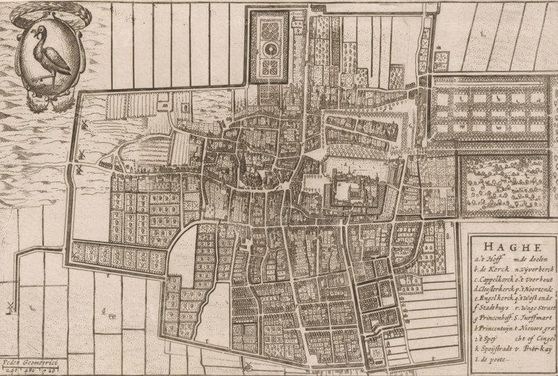 Haghe, Map of The Hague, area plan, print, 1650 - 1700, printmaker, paper, etching, height 151 mm x width 225 mm, maps of cities, The Hague, A detailed sepia-toned map showing a dense arrangement of streets and rectangular blocks with small building outlines and courtyard patterns, interspersed with larger enclosed areas that contain geometric garden layouts and rows of trees, surrounding walls and waterways that form irregular boundaries, a network of narrow canals and bridges cutting through the urban fabric, open fields and gridlike agricultural plots beyond the city limits, clusters of small windmill symbols near the outskirts, an ornate oval cartouche in a corner featuring a heron standing on one leg framed by decorative foliage, and a boxed legend panel along one edge containing columns of small handwritten entries.