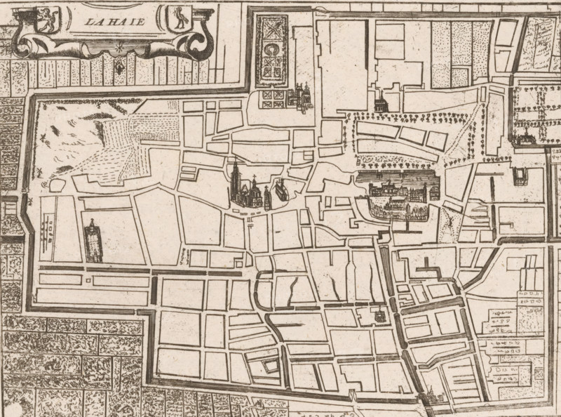 Map of The Hague, La Haie, area plan, print, printmaker: Jacobus Harrewijn (possibly), 1730 - 1750, paper, etching, height 159 mm x width 200 mm, Possibly from: Les Délices des Pays Bas. Histoire Generale des Pais-Bas contenant la Description des XVII Provinces. Brussels: Weduwe Foppens, 1743., maps of cities, The Hague, A sepia-toned engraved map fragment showing a walled urban area with streets and rectangular blocks, a variety of stylized buildings including clustered churches with spires and domes, a large complex of dense architectural detail set within a courtyard, patterned garden beds and tree-lined avenues, open plots with hatch and dot shading suggesting different ground textures, decorative cartouche elements along the top edge, a surrounding fortified wall with bastions, and a network of canals or water-filled moats running alongside streets and the outer perimeter.