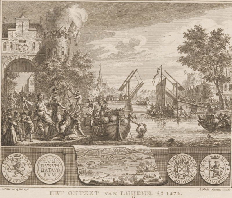 Relief of Leiden, 1574, The Relief of Leiden. Ao. 1574, print, The Relief of Leiden, October 3, 1574. Food is being distributed to the inhabitants of the city from the Geuzen boats. A city gate on the left. At the bottom a map of the region and two examples of the paper emergency money put into circulation during the siege., printmaker: Simon Fokke, Amsterdam, after design by, publisher: Arend Fokke Simonsz., 1776, paper, etching, height 179 mm x width 205 mm, battle, raising the siege with outside assistance, relief, canals, waters (in city) (city(-scape) with figures, staffage), Leiden, Period, 1574-10-03, A busy riverside scene rendered in fine line engraving shows a fortified gateway and round tower on the left with smoke and figures atop the tower, a crowd of animated people on the quay with some waving hats and interacting around boats loaded with goods, a raised drawbridge spanning the river with small rowing and sailing boats beneath and alongside it, buildings and a tall churc...