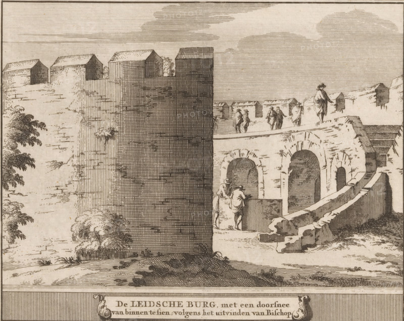 View of the Leiden castle from the inside, The Leiden Castle, with a cross-section visible from the inside, according to the invention of bishop, Castles, country estates and houses in the Netherlands, print, book illustration, printmaker: Jacobus Schijnvoet, Amsterdam, after drawing by Roelant Roghman (possibly), publisher: Pieter de Coup (possibly), 1711, paper, etching, height 194 mm x width 215 mm, Print first used in: Smids, Ludolph. Schatkamer der Nederlandse oudheden, of Woordenboek, between p. 198 and 199. Possibly appeared thereafter in reissues of this work in 1737 and 1774. In 1721, an edition appeared containing only the prints: Nederlandsche oudheden, bestaan in zeskelijk verbeeldingen, gelegen in Holland, 't Sticht van Utrecht en Gelderland enz. Amsterdam: Hendrik Bosch, 1721., fortress, Leiden, Burcht van Leiden, A sepia-toned engraving shows a stone fortified wall with battlements and a walkway along its top where several cloaked figures and a hat-wearing person are sta...